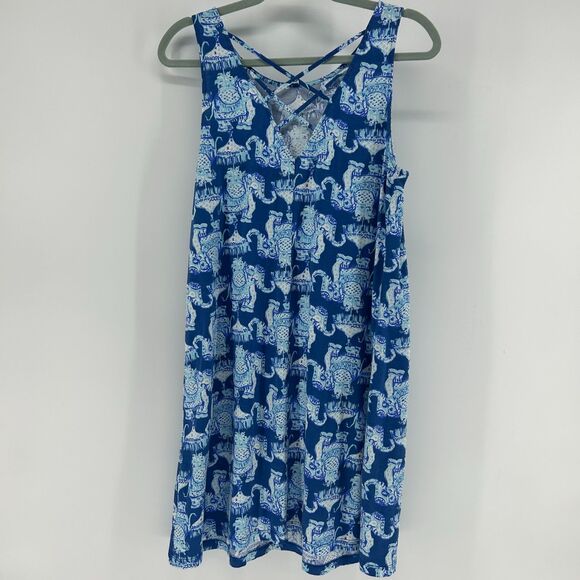 Lilly Pulitzer Kristen Swing Dress SZ L Joy Ride Elephant Sleeveless Blue Dress - Picture 4 of 13
